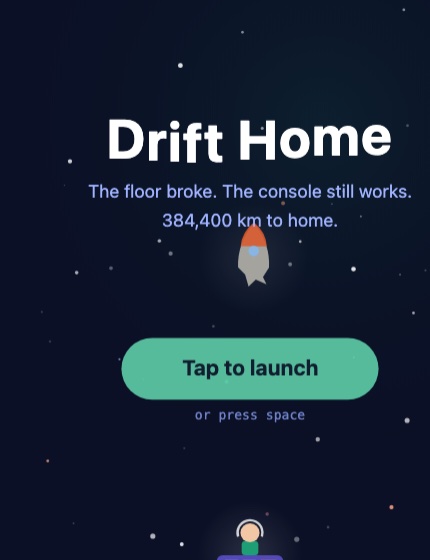 Drift Home title screen: a small escape pod in a starfield.