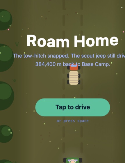 Roam Home title screen: a scout jeep on a jungle road.