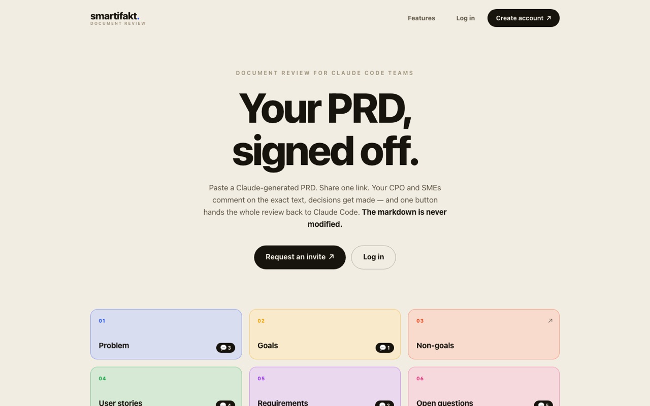The Smartifakt home page: Your PRD, signed off, above a grid of review sections with comment counts.